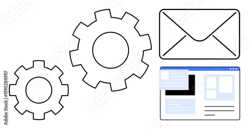 Workflow automation, digital communication, email systems, technology processes, project management, business tools. Gears, an envelope icon and a web interface. Workflow automation and digital