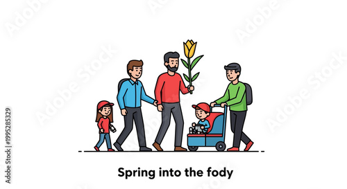 Family enjoying a spring day with a flower and a cart.