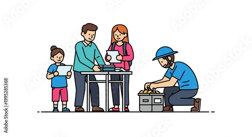 Family and Volunteer Team Working Together on Project.