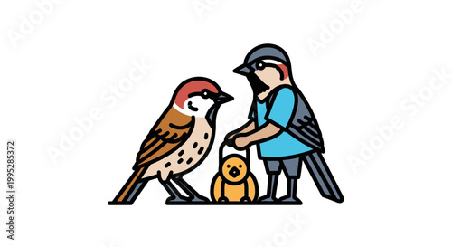 Family of cartoon birds standing together in a row.