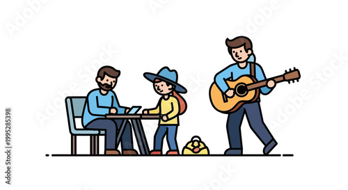 Illustration of a Guitarist Playing Music for People.