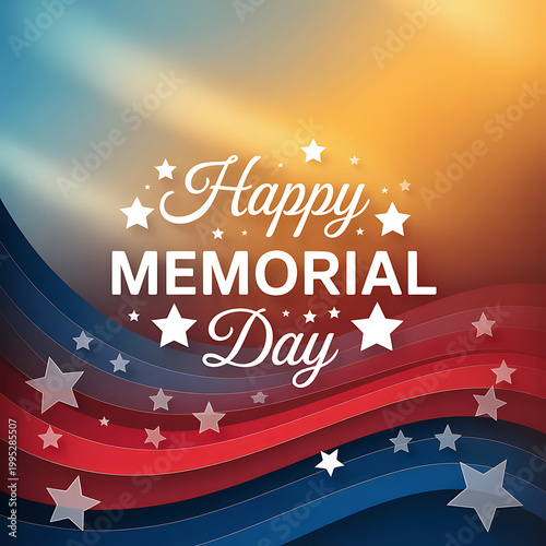 Happy memorial day greeting card with stars and wavy stripes on colorful background