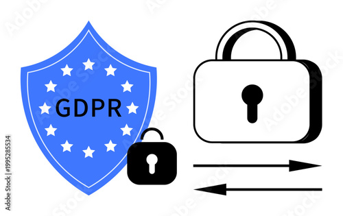 Data privacy, cybersecurity, compliance, information protection, internet safety, encryption. Blue shield with GDPR text and lock icon with arrows. Data privacy and cybersecurity concepts