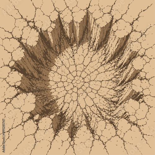 Intricate fractal battle damage pattern with cracked impact textures radiating inward, creating explosive depth, rugged energy, and geological abstraction.