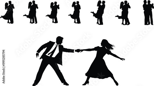Dancing couple silhouette collection, romantic partners waltz poses, love dance scene, black shadow isolated background set