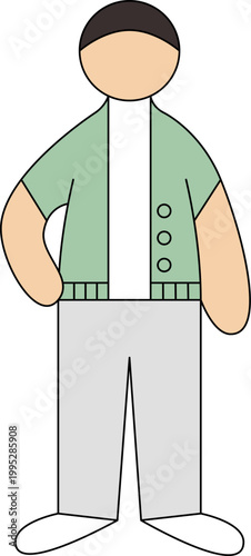 Minimalist vector illustration of a faceless man in a green cardigan and shorts standing with one hand on his hip.