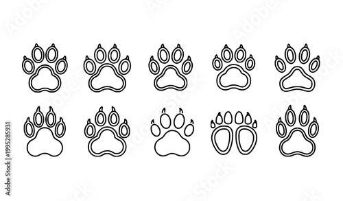 Paw print outline icon set with animal footprints in clean linear style for pet apps and branding