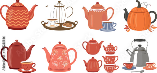 Hand drawn teapot collection with cups pumpkin kettle and cozy tea elements in warm autumn flat vector illustration style