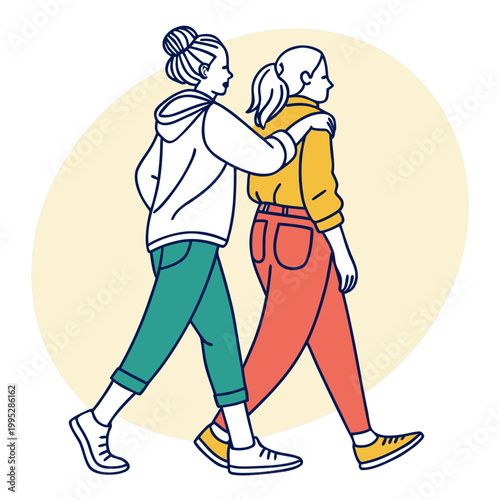 Woman putting arm around friend walking together.