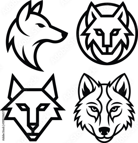minimalist wolf head icons and tribal silhouette set in black and white