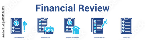 Financial Review web banner icon set vector illustration concept for business with icon of Finance Report, Portfolio List, Property Investment, W.