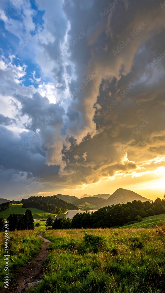 Obraz premium Dramatic sunset over mountain landscape scene.