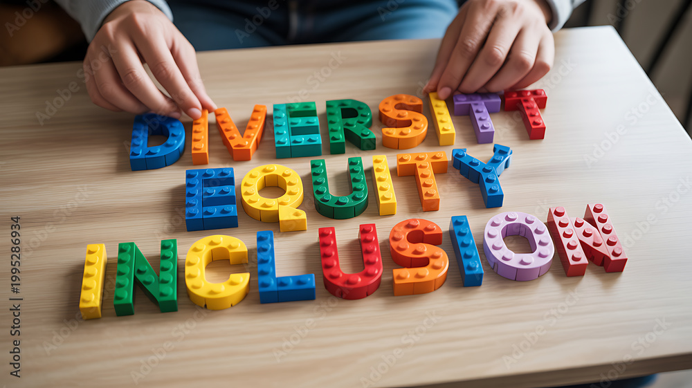 Fototapeta premium Hands arranging colorful blocks spelling diversity equity inclusion emphasizing family bonds and togetherness