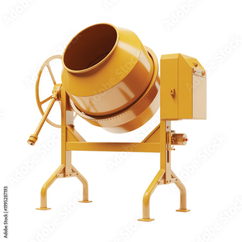 Yellow portable cement mixer machine on a white background for construction site work and home projects