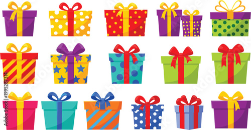 Colorful Birthday and Christmas Gift Box Illustration Set Featuring Gift Wrap with Polka Dots Stars and Stripes and Decorative Ribbon Bows for Celebration Holiday and Anniversary Surprise