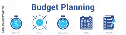 Budget Planning web banner icon set vector illustration concept for business with icon of Budget Timer, Precision, Stopwatch Gear, Calend.