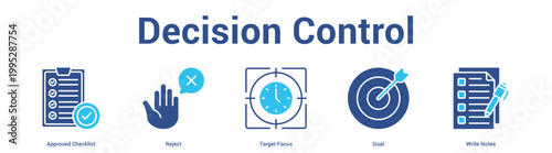 Decision Control web banner icon set vector illustration concept for business with icon of Approved Checklist, Reject, Target Focus, Go.