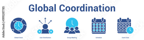 Global Coordination web banner icon set vector illustration concept for business with icon of Global Clock, User Distribution, Group Meeting, Schedu.