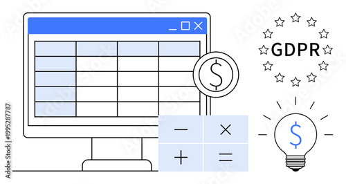 Financial planning, data compliance, accounting tools, GDPR regulations, digital economy, financial security. A computer screen with tables, currency symbols and finance icons. Financial planning