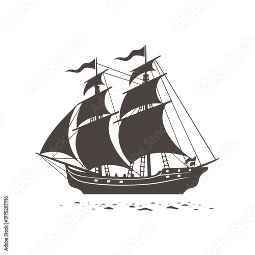 Vintage sailing ship silhouette, antique nautical vessel with masts and flags, classic maritime galleon vector icon for logo design and branding
