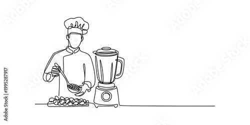 Chef preparing food with blender and ingredients Vector, illustration