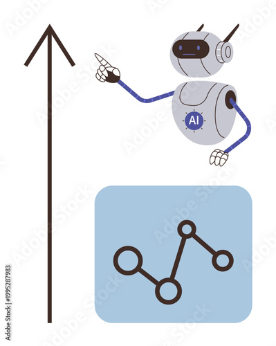 Data analysis, technology innovation, AI trends, machine learning, business growth, network connections. Robot pointing at an upward arrow and graph nodes. Data analysis and technology innovation