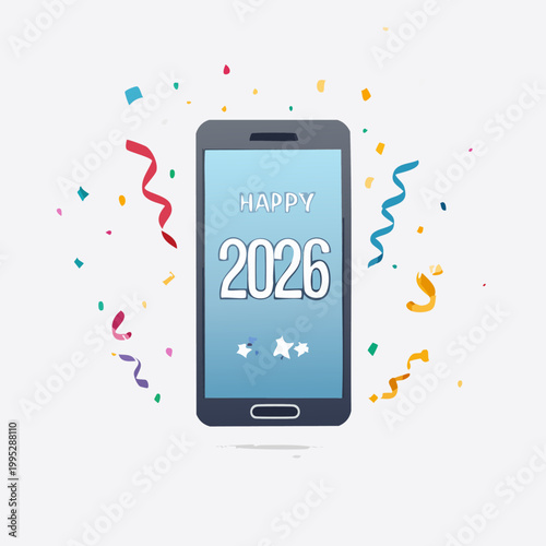 A smartphone displaying 'Happy 2026' surrounded by colorful confetti and streamers, celebrating the new year.