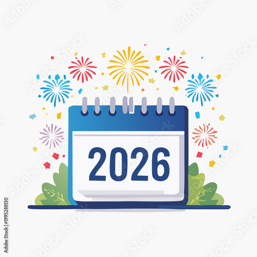 Calendar icon displaying the year 2026 surrounded by festive fireworks and colorful confetti.