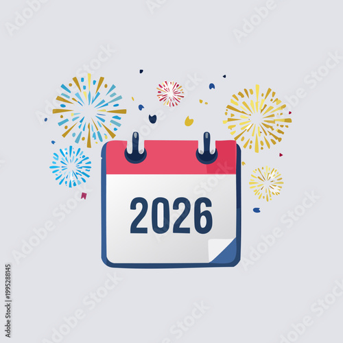 Calendar icon displaying the year 2026 surrounded by colorful fireworks, symbolizing new year celebrations and future planning.