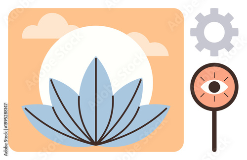 Wellness, meditation, spirituality, self-improvement, imagination, mindfulness. Lotus flower under the sun, gear symbol and eye illustration. Wellness and meditation concept