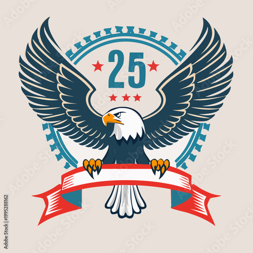 Majestic eagle with outstretched wings, holding a ribbon banner, against a background of a gear and the number twenty-five.
