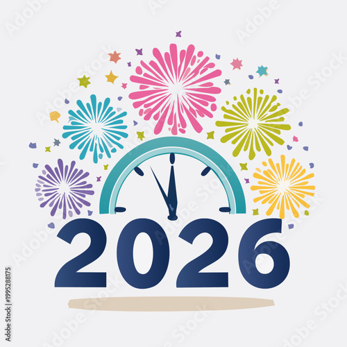 Colorful fireworks and a clock striking midnight celebrate the arrival of the year 2026.