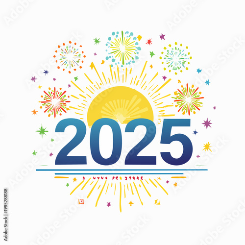 Colorful illustration celebrating the year 2025 with fireworks and a bright sun design on a white background.