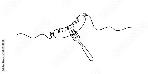 Single line drawing of a sausage on a fork with wavy lines Vector, illustration