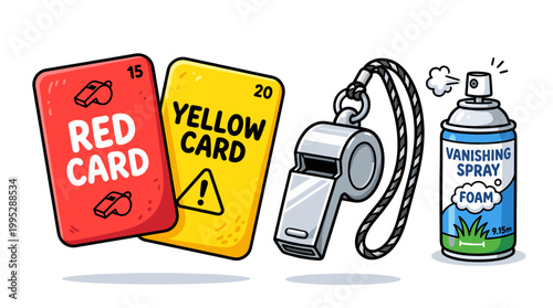 Illustrated sports equipment including a red card, a yellow card, a whistle and vanishing spray