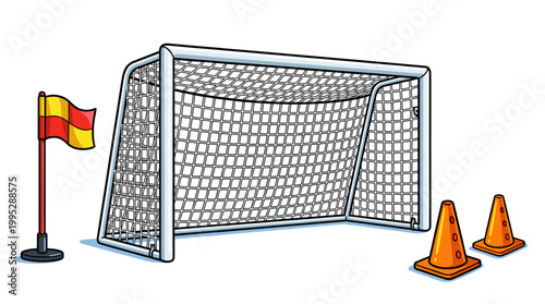 A football goal with a flag and cones, ready for the game. The equipment is set on a grassy field. 