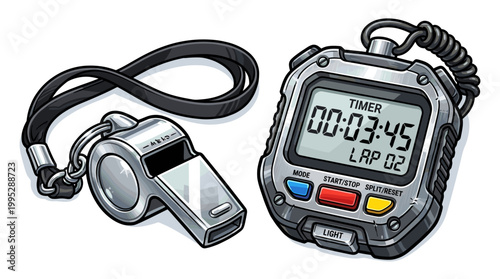 Close-up view of a Stopwatch and Whistle. The whistle and stopwatch are meticulously designed, creating a visually compelling image.