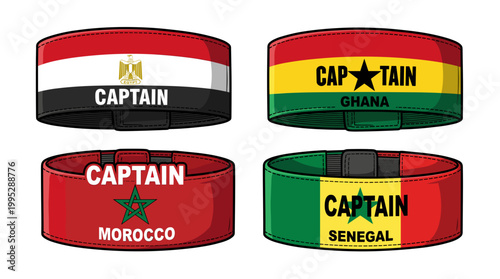 Colorful captain armbands from different countries, featuring flags, and the word Captain 