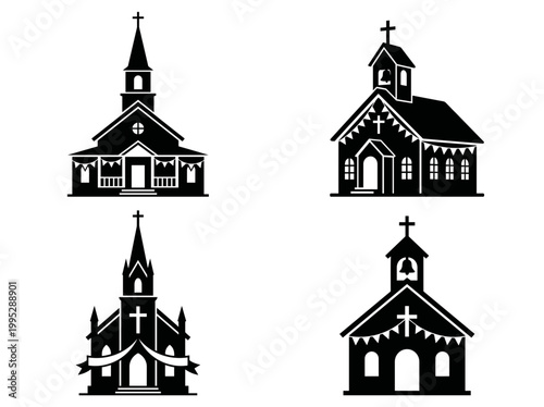 An assortment of minimalist silhouettes depicting various church buildings with crosses. The minimalist style brings simplicity and elegance, evoking a sense of solemnity