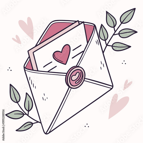 Open envelope with romantic love letter and leaf.