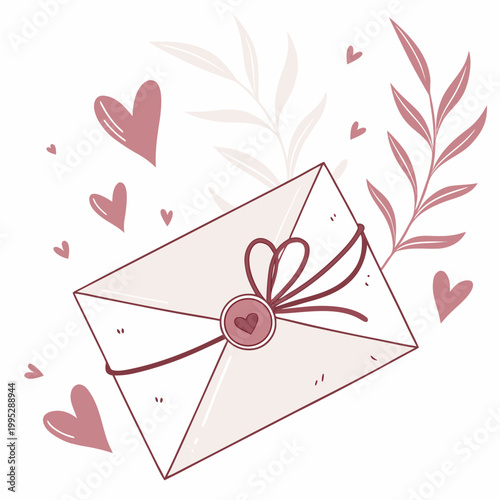 Envelope tied with ribbon and hearts.