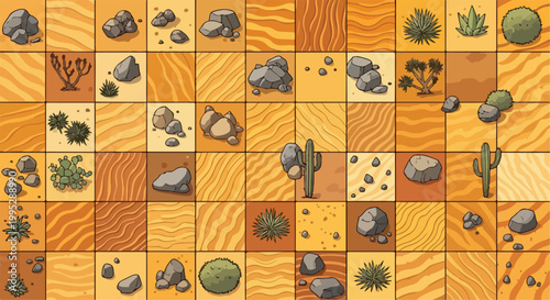 Desert game tileset vector collection, isometric sand dunes and rock assets, cartoon wasteland environment map elements for level design