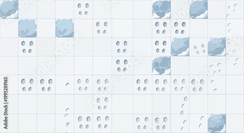 Winter ice landscape game tileset, snowy arctic environment map for 2D platformer, frozen tundra level design vector, blue ice blocks and snow footprints