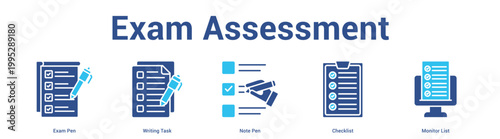 Exam Assessment web banner icon set vector illustration concept for business with icon of Exam Pen, Writing Task, Note Pen, Checkli.