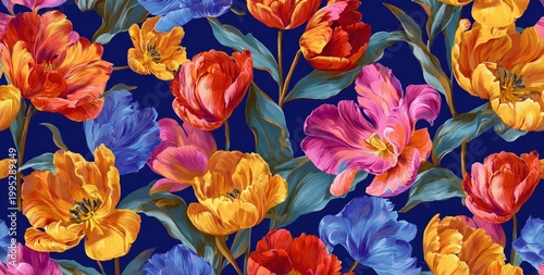 Vibrant, textured tulips bloom against a deep blue backdrop