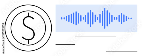 Financial technology. Financial transactions illustrated with a wave digital payments and a dollar sign. Financial systems for fintech, e-commerce, banking, innovation, and payments