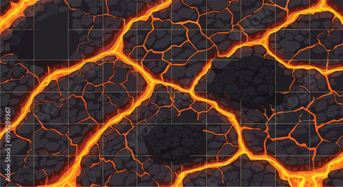Molten lava texture with glowing magma cracks, volcanic rock ground for game design, seamless top-down fire and stone terrain vector