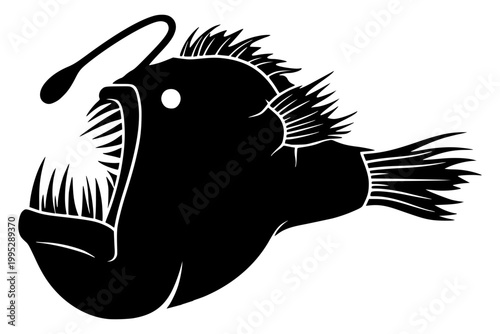 A stylized black and white vector silhouette of an anglerfish, highlighting its characteristic bioluminescent lure.