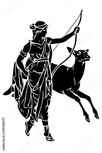 A black silhouette vector illustration of the Greek goddess Artemis holding a bow, accompanied by a deer.