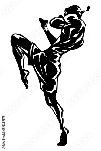 Muay Thai fighter executing powerful high knee strike with mongkon headband and wrist wraps, dynamic action pose bold black illustration isolated on background